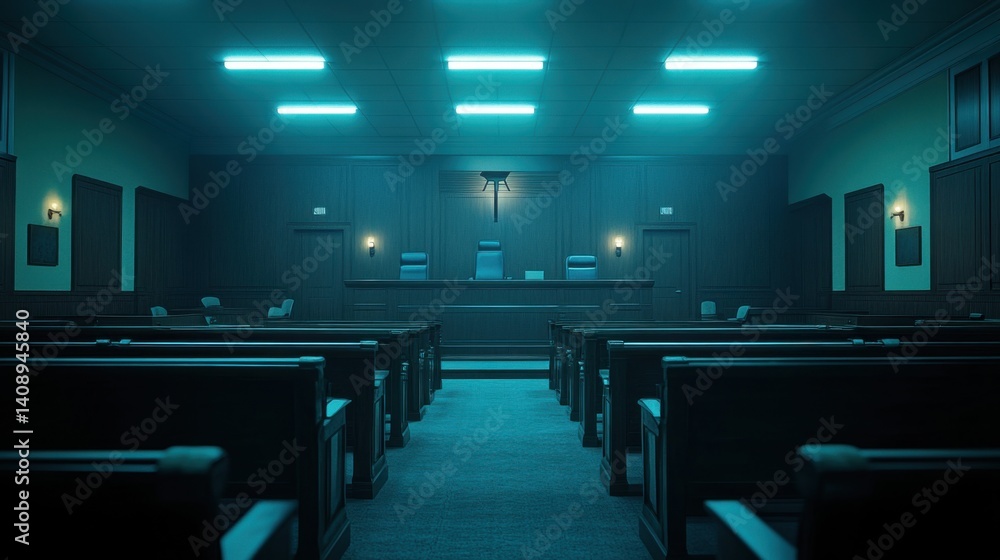 Poster an empty courtroom with ominous lighting highlighting the empty stands and judge's bench