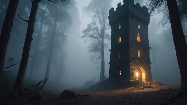 Mysterious Stone Tower in Foggy Forest at Night