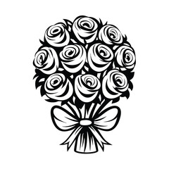 Decorative Rose Bouquet with Bow, Detailed Floral Arrangement, Black and White Outline