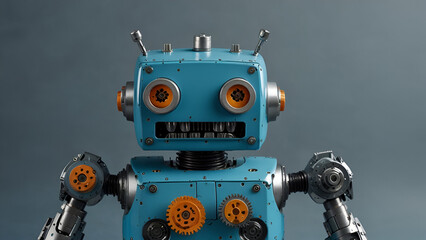 Fototapeta premium A small blue robot with large round eyes and visible mechanical components stands on a glossy blue surface against a neutral gray background showcasing futuristic robotics and artificial intelligence