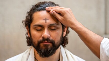 Obraz premium A spiritual ritual is performed on a man, featuring a hand applying a mark on his forehead while he remains in a meditative state.