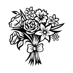 Black and White Floral Bouquet Outline Roses, Leaves, and Decorative Ribbon Bow