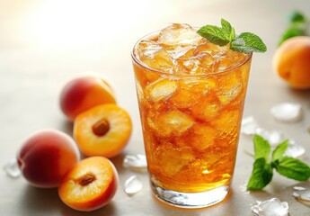 Refreshing Peach Iced Tea with Mint Garnish and Fresh Peaches on a Light Background, Perfect for Summer Beverage Inspiration and Healthy Living