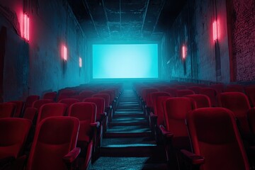 Fototapeta premium Empty cinema hall with neon lighting