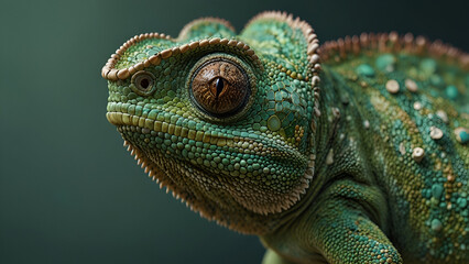 A close up shot of a chameleon with textured green skin turquoise bumps and a striking brown hued eye set against a soft blurred background