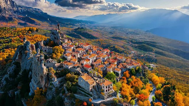 Aerial view of a mountain village surrounded by vibrant autumn colors in the hills, Aerial view around the mountains and the village of Delphi in Greece on a sunny day in autumn
