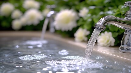 Tranquil Water Flowing from Elegant Faucet into a Basin with White Flowers in the Background