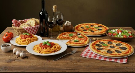 Italian Feast: A Delicious Table of Pasta, Pizza, and Wine