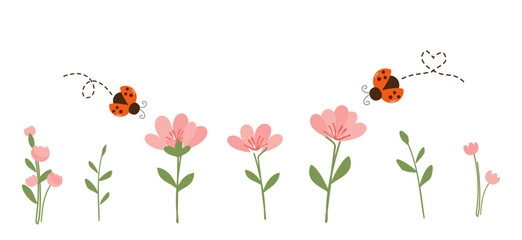 Pink flower icon set, green branches and lady birds cartoons signs isolated on white background vector. © Thanawat
