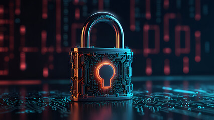 A glowing digital padlock with circuit board patterns radiates neon red and blue light symbolizing cybersecurity data protection and advanced encryption against a futuristic tech inspired background