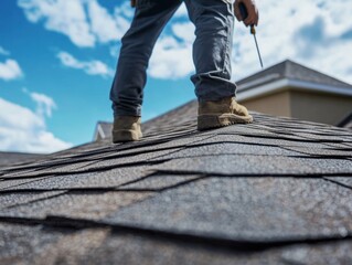 A roofing contractor inspecting shingles on a residential roof. Featuring roof maintenance and attention to detail