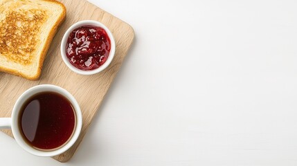 Minimalist breakfast flat lay with toast jam and tea on wooden board calm kitchen setting