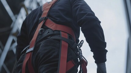 A construction worker securing a safety harness before climbing. Featuring safety and preparedness