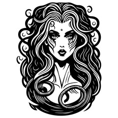 Vector Black and White Graphic of a Mystic Woman