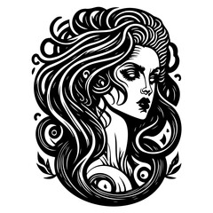Monochrome Woman Portrait with Flowing Hair Art