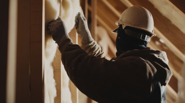 A construction worker securing insulation materials to a wall. Featuring care and efficiency
