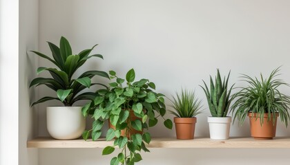 Collection of Indoor Green Plants on Wooden Shelf with Neutral Background