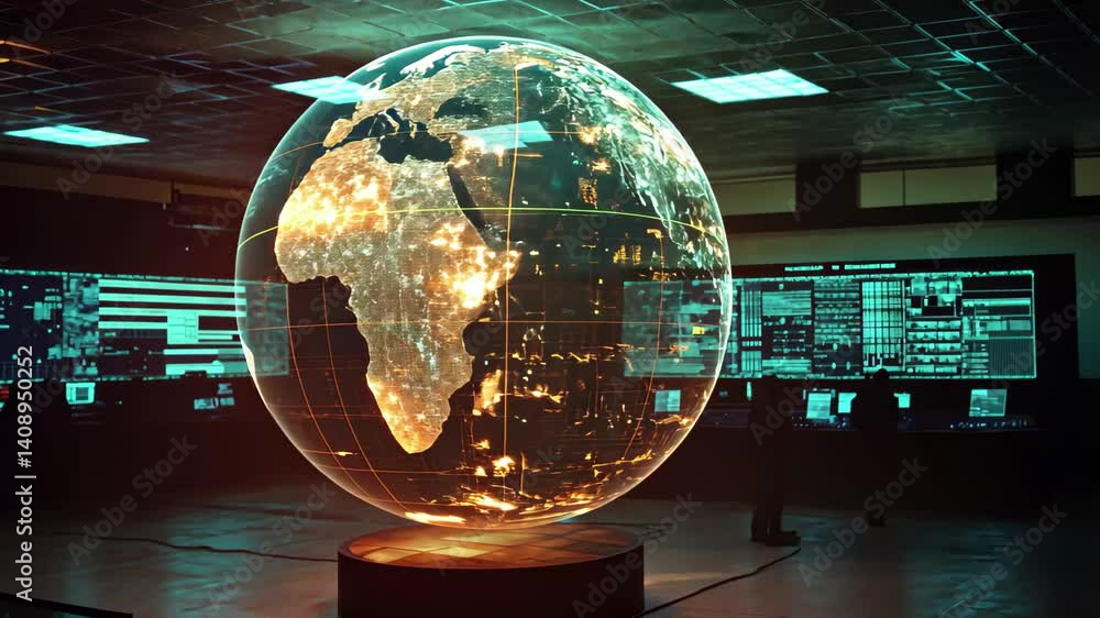 Aufkleber global data processing center showcasing interactive globe with illuminated networks and analytics d