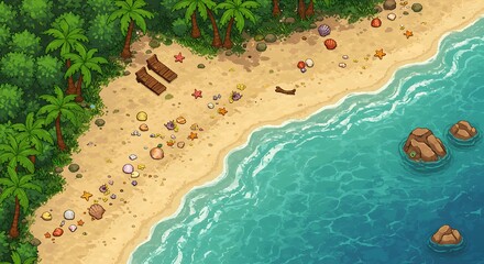 Tropical Beach Scenery with Ocean Waves and Palm Trees