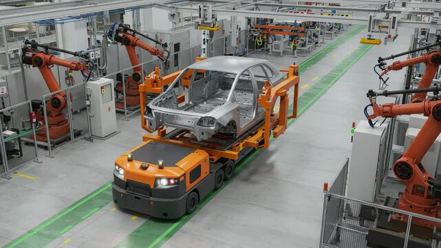 Automated Vehicle Assembly Process with Robotic Arms in Advanced Manufacturing Facility