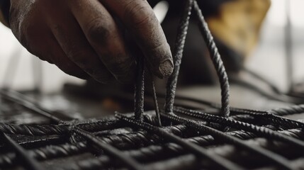 A construction worker securing rebar in concrete formwork. Featuring craftsmanship and reinforcement