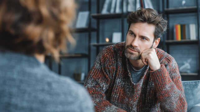 Thoughtful Man in Conversation with Blurred Person