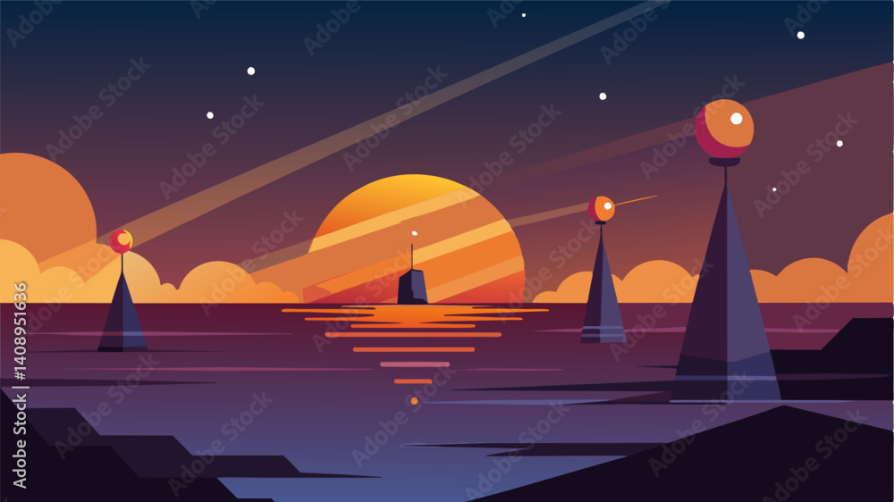 Poster as the sun sets the evtols switch on their navigation lights creating a mesmerizing light show in th