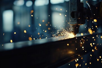 Fototapeta premium A steel fabricator cutting beams at a metalworking shop. Featuring craftsmanship and industrial precision