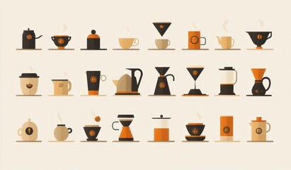 Stylized iconography of coffee-making methods and brewing equipment illustrations
