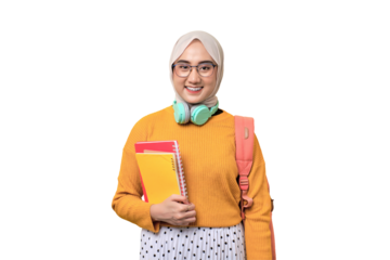 Young positive Asian student girl with backpack holding notebook, smiling at camera isolated on transparent background