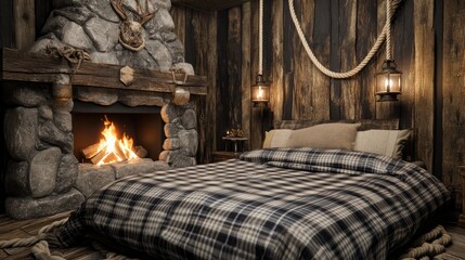 Fototapeta premium A cozy and warm rustic cabin bedroom with a stone hearth fireplace