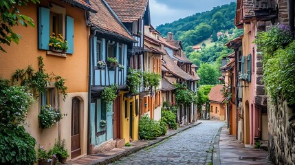 Fototapeta premium Charming European village street scene with colorful houses.