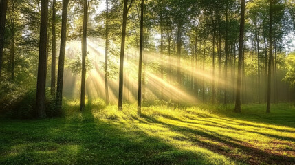 Obraz premium Forest Bathed in Morning Sunlight, Light, Hope, Dawn Background Wallpaper