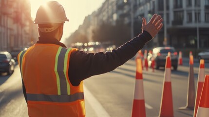 Road worker directing traffic near an active site. Featuring authority and caution