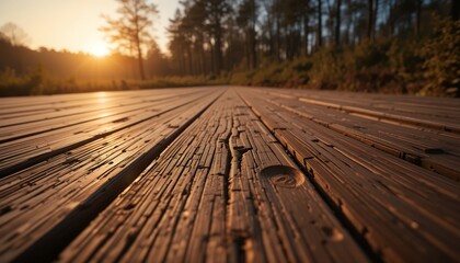 Fototapeta premium Wooden Path at Sunset Leading Into Forest