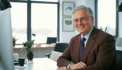 Fototapeta premium Smiling Senior Executive at Desk in Bright Office, Confident and Experienced Leader