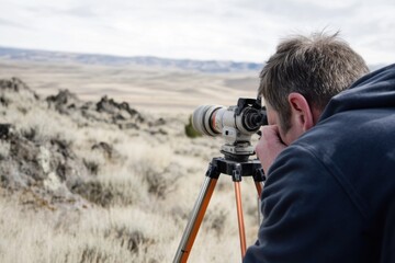 A surveyor using a theodolite to measure land elevations. Featuring accuracy and field expertise