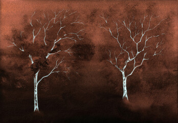 Dark brown desert Nature landscape. Old dry trees in a sandstorm in the desert . Watercolor painting on textured paper.