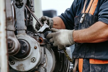A tower crane technician performing maintenance on a crane motor. Featuring precision and safety