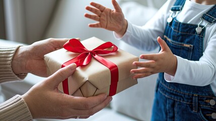 A man holding a gift box with a red ribbon, celebrating a holiday or special occasion, such as Christmas or a birthday, wrapped in festive paper and ready for giving