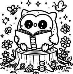 Owl with a Spring Book. Coloring Book Page. Cartoon Illustration.