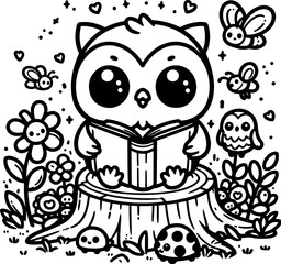 Owl with a Spring Book. Coloring Book Page. Cartoon Illustration.