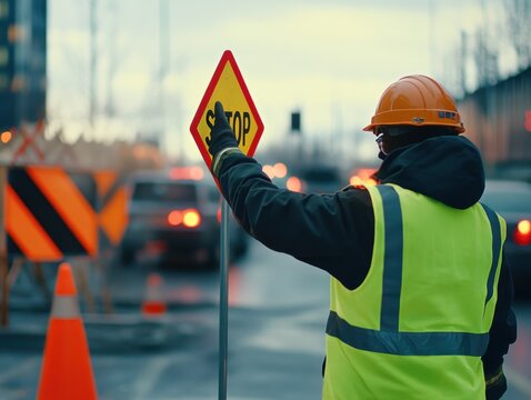 A traffic control flagger signaling at a busy roadwork site. Featuring safety and communication