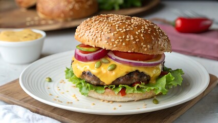 Juicy Cheeseburger with Sesame Seed Bun Topped with Melted Cheese Red Onion Tomato and Lettuce