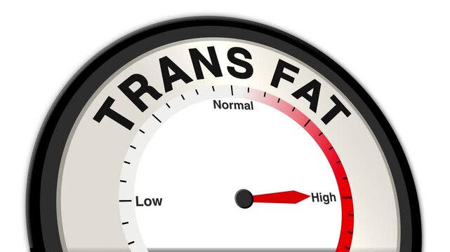 Trans fat text or word with a barometer or tachometer-style gauge, illustrating varying levels of trans fat intake and its impact on health