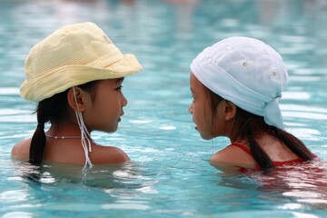Two individuals gaze at each other while immersed in water, Hello Summer background.