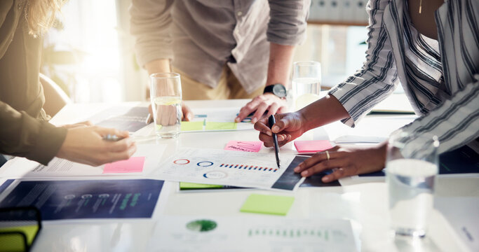 Teamwork, hands or people with charts or paperwork for social media statistics or business meeting. Planning, SEO analysts or brainstorming for graphs report, subscription growth or documents review