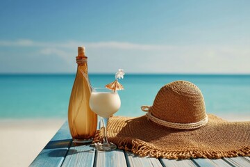 A straw hat rests beside a glass of milk on a simple table setting, Hello Summer background.