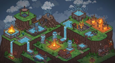 Obraz premium Isometric Fantasy World with Rain, Fire, and Waterfalls