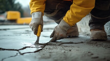 A construction worker sealing cracks in a concrete surface. Featuring attention to detail and precision